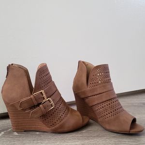 REPORT Booties. Open toe wedge.